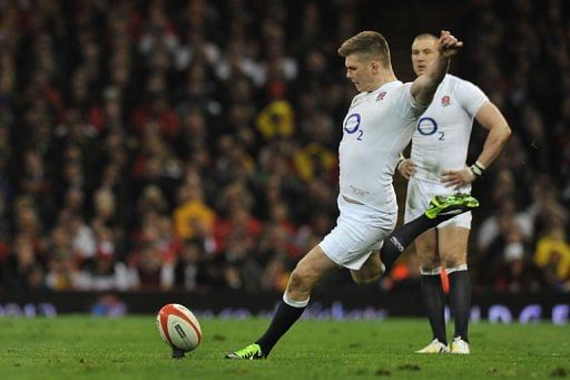 England fly-half Owen Farrell kicks a penalty during the Six Nations international against Wales on March 16, 2013