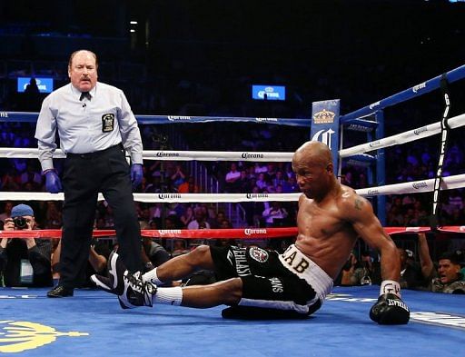 Zab Judah is knocked down by Danny Garcia during their title fight on April 27, 2013