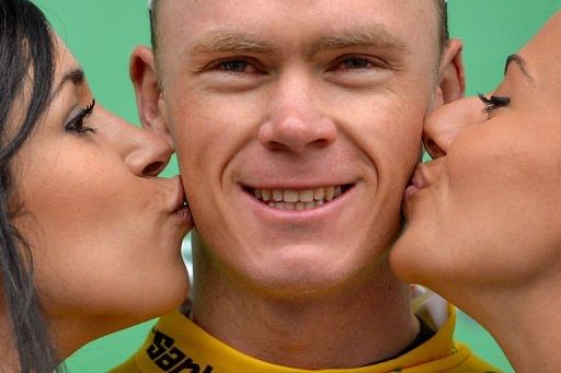 Britain&#039;s Christopher Froome on the podium of the third stage of the Tour de Romandie on April 26, 2013 in Payerne