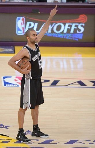 Tony Parker of the San Antonio Spurs points the way against Los Angeles Lakers on April 28, 2013