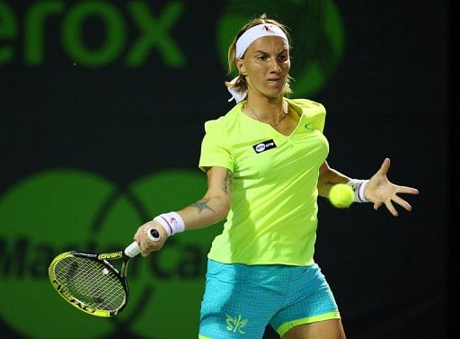 Svetlana Kuznetsova of Russia returns a shot during Day 7 of the Sony Open on March 24, 2013, in Key Biscayne, Florida
