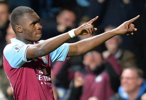 Aston Villa striker Christian Benteke celebrates scoring his team&#039;s third goal and his first, on April 29, 2013