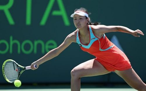 Peng Shuai of China plays a forehand on March 21, 2013 in Key Biscayne, Florida