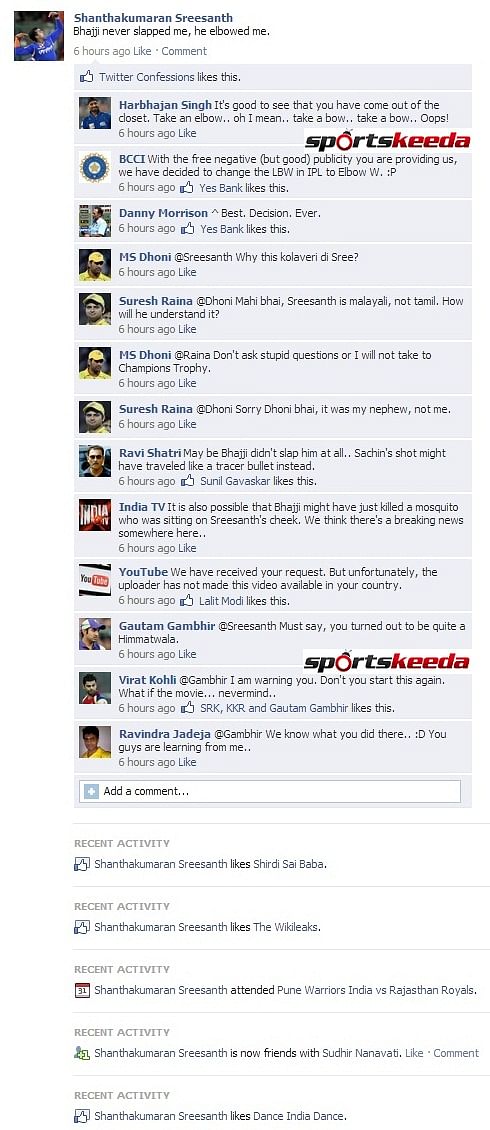 Sreesanth continue his rant on 'SlapGate' on his Facebook Wall
