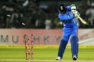 Indian cricketer Virender Sehwag miss a shot as he is clean bowled during the first One Day International(ODI) match between Indian and West Indies at the Barabati Stadium in Cuttack on November 29, 2011.