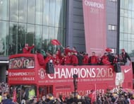 The Manchester United squad pose on an open-top bus at the start of their Barclays Premier League Trophy Parade through Manchester on May 13, 2013. (Getty Images)