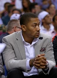 Derrick Rose #1 of the Chicago Bulls looks on during Game Five of the Eastern Conference Semifinals of the 2013 NBA Playoffs against the Miami Heat at American Airlines Arena on May 15, 2013 in Miami, Florida. (Getty Images)