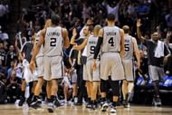 The San Antonio Spurs celebrate while playing the Memphis Grizzlies in Game Two of the Western Conference Finals during the 2013 NBA Playoffs on May 21, 2013 at the AT&T Center in San Antonio, Texas. (Getty Images)