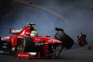 Felipe Massa of Brazil and Ferrari crashes at St Devote during qualifying for the Monaco Formula One Grand Prix at the Circuit de Monaco on May 25, 2013 in Monte-Carlo, Monaco. (Photo by Bryn Lennon/Getty Images)