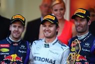 Race winner Nico Rosberg (C) of Germany and Mercedes GP celebrates with second placed Sebastian Vettel (L) of Germany and Infiniti Red Bull Racing and third placed Mark Webber (R) of Australia and Infiniti Red Bull Racing following the Monaco Formula One Grand Prix at the Circuit de Monaco on May 26, 2013 in Monte-Carlo, Monaco. (Photo by Clive Mason/Getty Images)