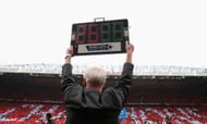 A substitution board is held up acknowledging the 26 years of service and 38 trophies won by Manchester United Manager Sir Alex Ferguson before the match against Swansea City at Old Trafford on May 12, 2013 in Manchester, England. (Getty Images)