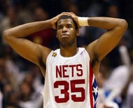 Jason Collins reacts to a foul call on June 13, 2003 during the NBA Finals in East Rutherford, New Jersey