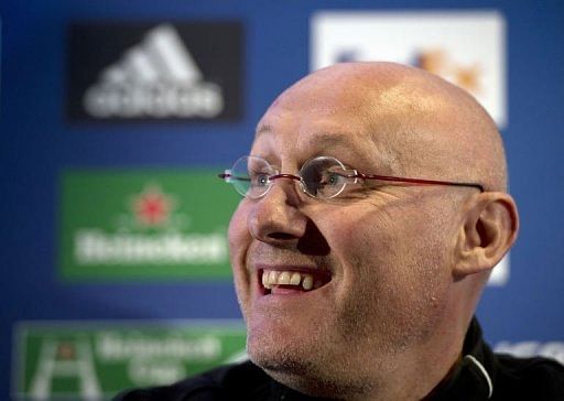 Toulon Coach Bernard Laporte speaks during a press conference at Twickenham Stadium, southwest of London, April 26, 2013