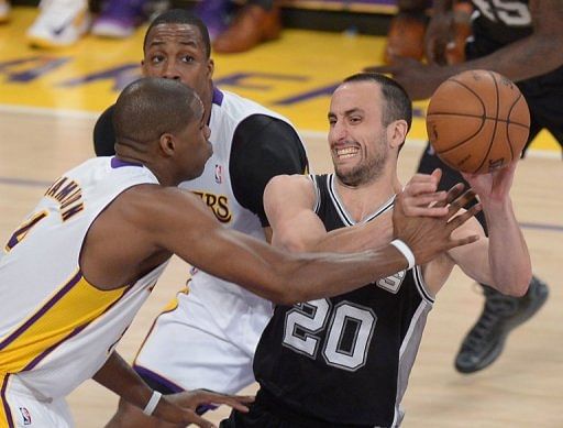 Manu Ginobili (R) of the San Antonio Spurs in action against the Los Angeles Lakers on April 28, 2013