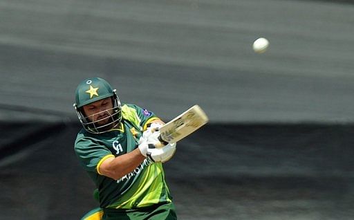 Pakistan cricketer Shahid Afridi bats against South Africa in Benoni on March 24, 2013