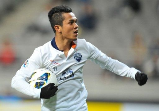 Buriram United&#039;s Ekkachai Samre celebrates after scoring against FC Seoul,  in South Korea on May 1, 2013