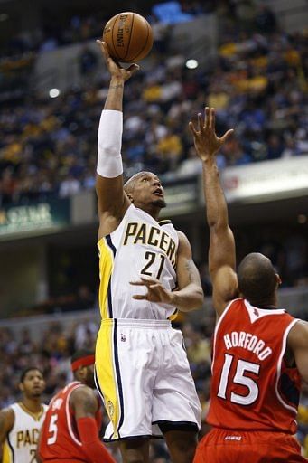 The Indiana Pacers&#039; David West shoots during their game against the Atlanta Hawks on May 1, 2013