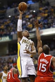 The Indiana Pacers' David West shoots during their game against the Atlanta Hawks on May 1, 2013
