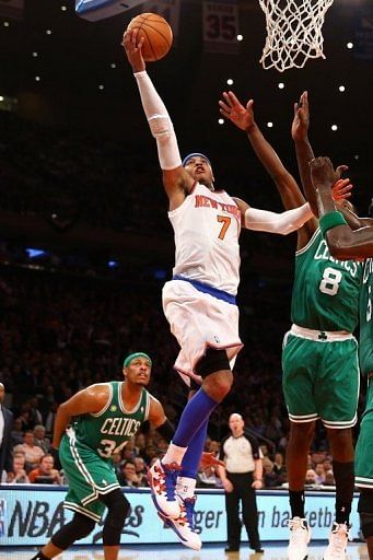 The New York Knicks&#039; Carmelo Anthony shoots during their game against the Boston Celtics on May 1, 2013