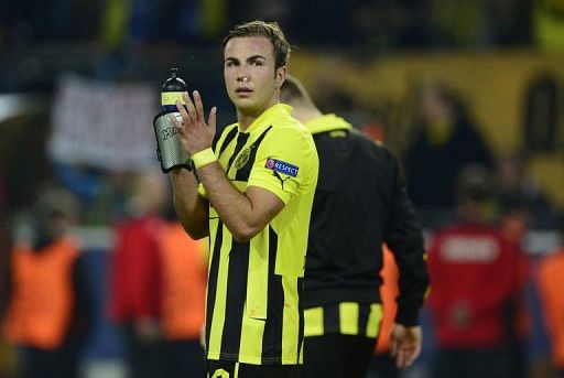Borussia Dortmund&#039;s Mario Goetze celebrates after the Champions League match over Real Madrid, on April 24, 2013