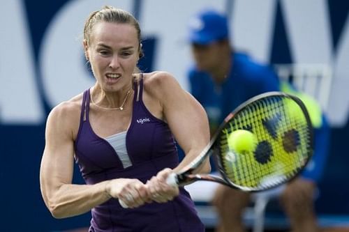 Martina Hingis from Switzerland in action in Caracas on April 28, 2012