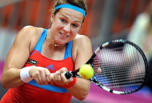 Russia&#039;s Anastasia Pavlyuchenkova in action in Moscow on April 20, 2013