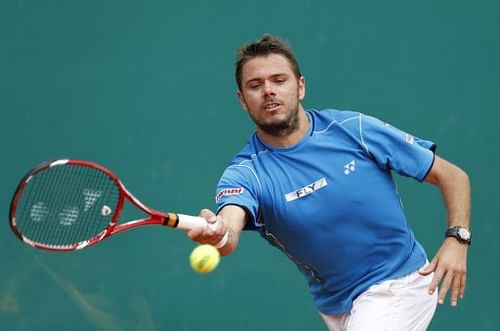 Switzerland's Stanislas Wawrinka hits a return on April 19, 2013 in Monaco