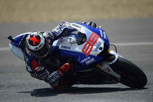 Jorge Lorenzo takes part in the Moto GP free practice at the Jerez racetrack in Jerez de la Frontera on May 3, 2013