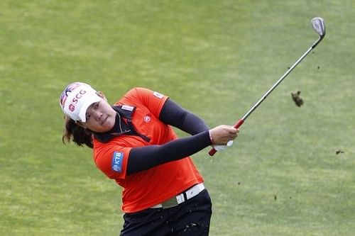 Ariya Jutanugarn of Thailand hits her second shot on the 18th hole on May 2, 2013 in Williamsburg, Virginia