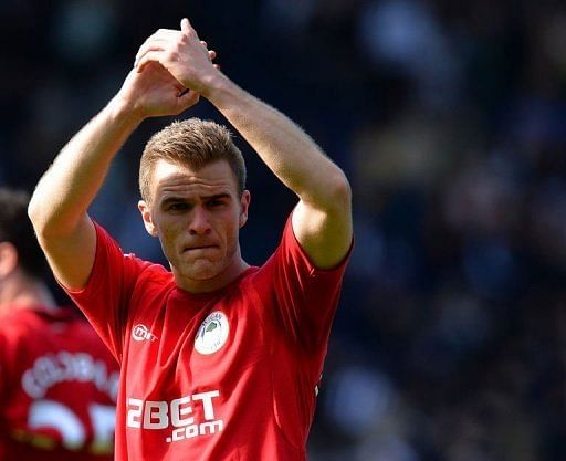 Wigan Athletic&#039;s striker Callum McManaman celebrates at The Hawthorns in West Bromwich, central England on May 4, 2013