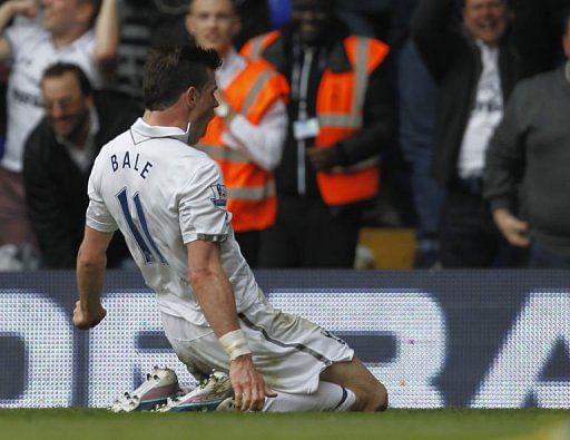 Tottenham Hotspur&#039;s midfielder Gareth Bale celebrates scoring at White Hart Lane in north London on May 4, 2013