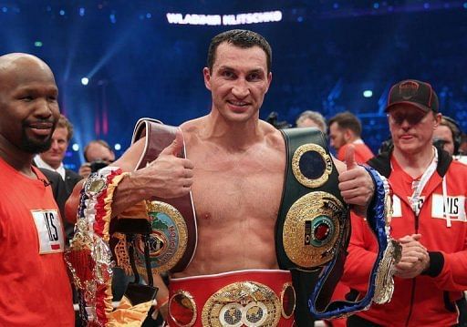 Wladimir Klitschko reacts after winning in Mannheim, Germany on May 4, 2013