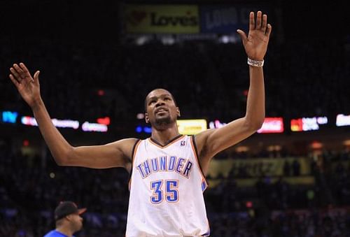 Kevin Durant of the Oklahoma City Thunder celebrates a play on May 5, 2013 in Oklahoma City