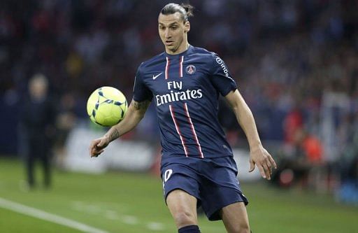Paris Saint-Germain&#039;s Zlatan Ibrahimovic controls the ball in Paris on May 5, 2013