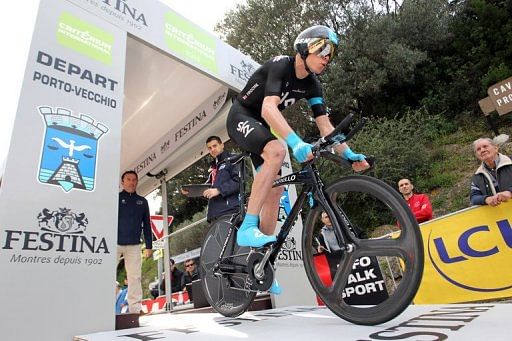 Chris Froome rides in the Criterium International in Porto Vecchio, Corsica, on March 23, 2013