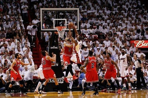 Chris Bosh #1 of the Miami Heat shoots for the hoop against the Chicago Bulls, May 6, 2013 in Miami, Florida