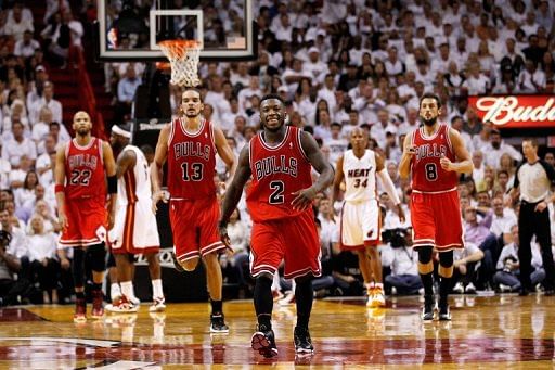 Nate Robinson #2 of the Chicago Bulls reacts after scoring against the Miami Heat on May 6, 2013 in Miami, Florida