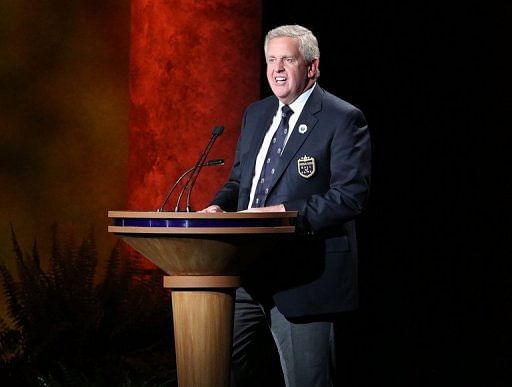 Golfer Colin Montgomerie speaks during his induction into the World Golf Hall of Fame on May 6, 2013 in Florida