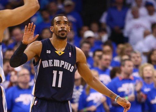 Mike Conley of the Memphis Grizzlies celebrates after scoring against the Oklahoma City during game two on May 7, 2013