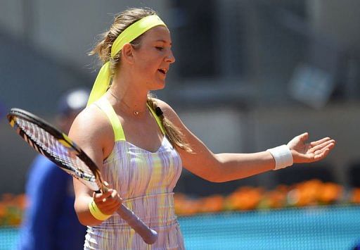 Victoria Azarenka during her match against Ekaterina Makarova (not in picture) at the Madrid Open on May 8, 2013