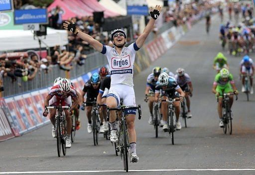 John Degenkolb celebrates as he wins the fifth stage of 96th Giro d&#039;Italia cycling race in Matera on May 8, 201