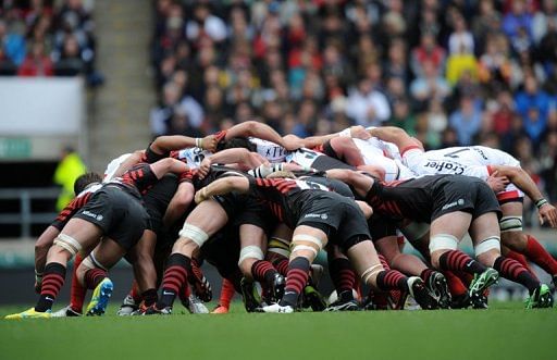 Players engage in a scrum at Twickenham Stadium in Middlesex, England on April 28, 2013