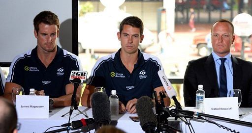 James Magnussen (L), Eamon Sullivan and Australian Swimmers Association&#039;s Daniel Kowalski on February 22, 2013