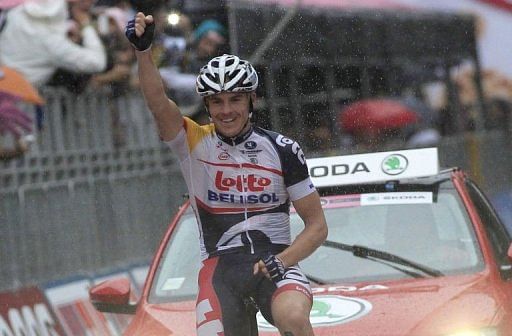 Australian rider Adam Hansen crosses the finish line of the seventh stage of the 96th Giro d&#039;Italia on May 10, 2013