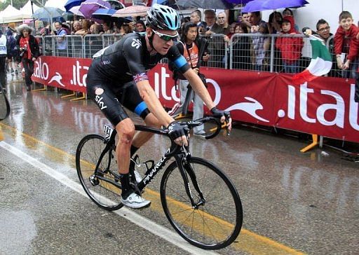 British Bradley Wiggins reacts after the seventh stage of the 96th Giro d&#039;Italia on May 10, 2013