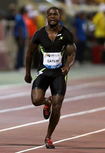 Justin Gatlin of the US competes in the men&#039;s 100m final in Doha on May 10, 2013