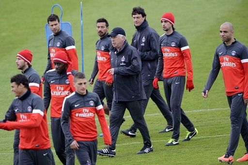 Paris Saint-Germain take part in a training session on May 10, 2013 in Saint-Germain-en-Laye