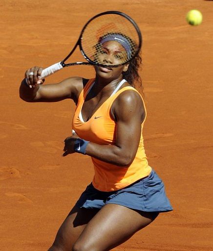US player Serena Williams at the Madrid Masters at the Magic Box sports complex in Madrid on May 11, 2013