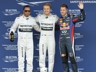 L-R: Mercedes' drivers Lewis Hamilton, Nico Rosberg and Red Bull's driver Sebastian Vettel, Montmelo, May 11, 2013