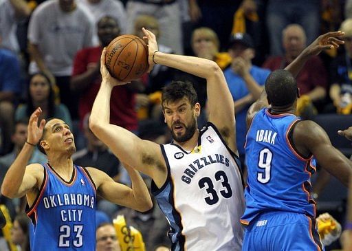 Marc Gasol of the Memphis Grizzlies grabs a rebound in the game against Oklahoma City Thunder in May 11, 2013 in Memphis